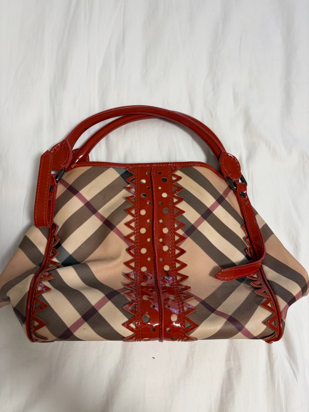Burberry Plaid handbag with Red Patent Trim